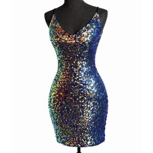 IN San Francisco Blue Iridescent Sequin Bodycon Mini Dress Sz 3 Party